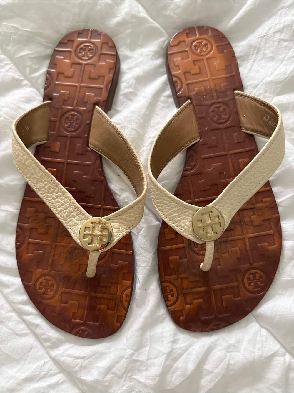 Tory Burch Cream Leather Logo Thong Sandals with Gold Medallions